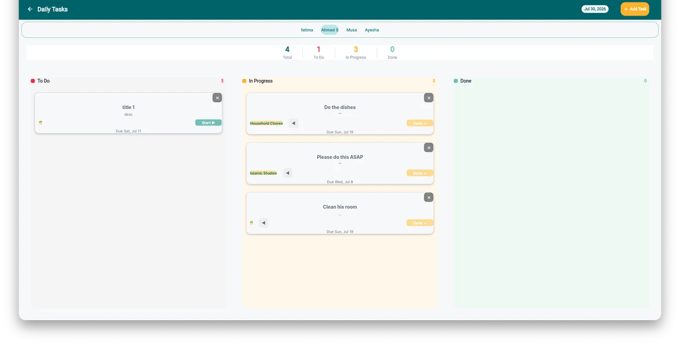 iBilSchool daily tasks view showing a child's structured homeschool schedule