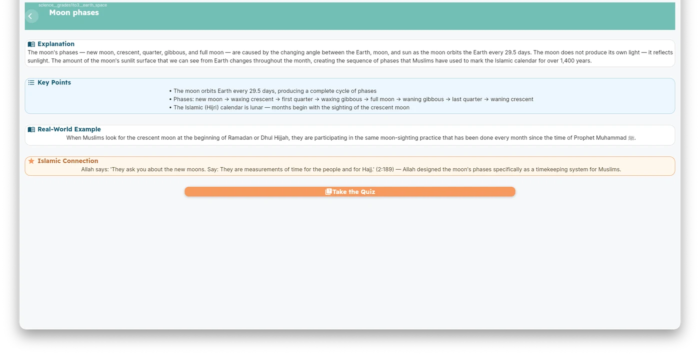 iBilSchool lesson detail page used as a revision guide with key points and Islamic connection