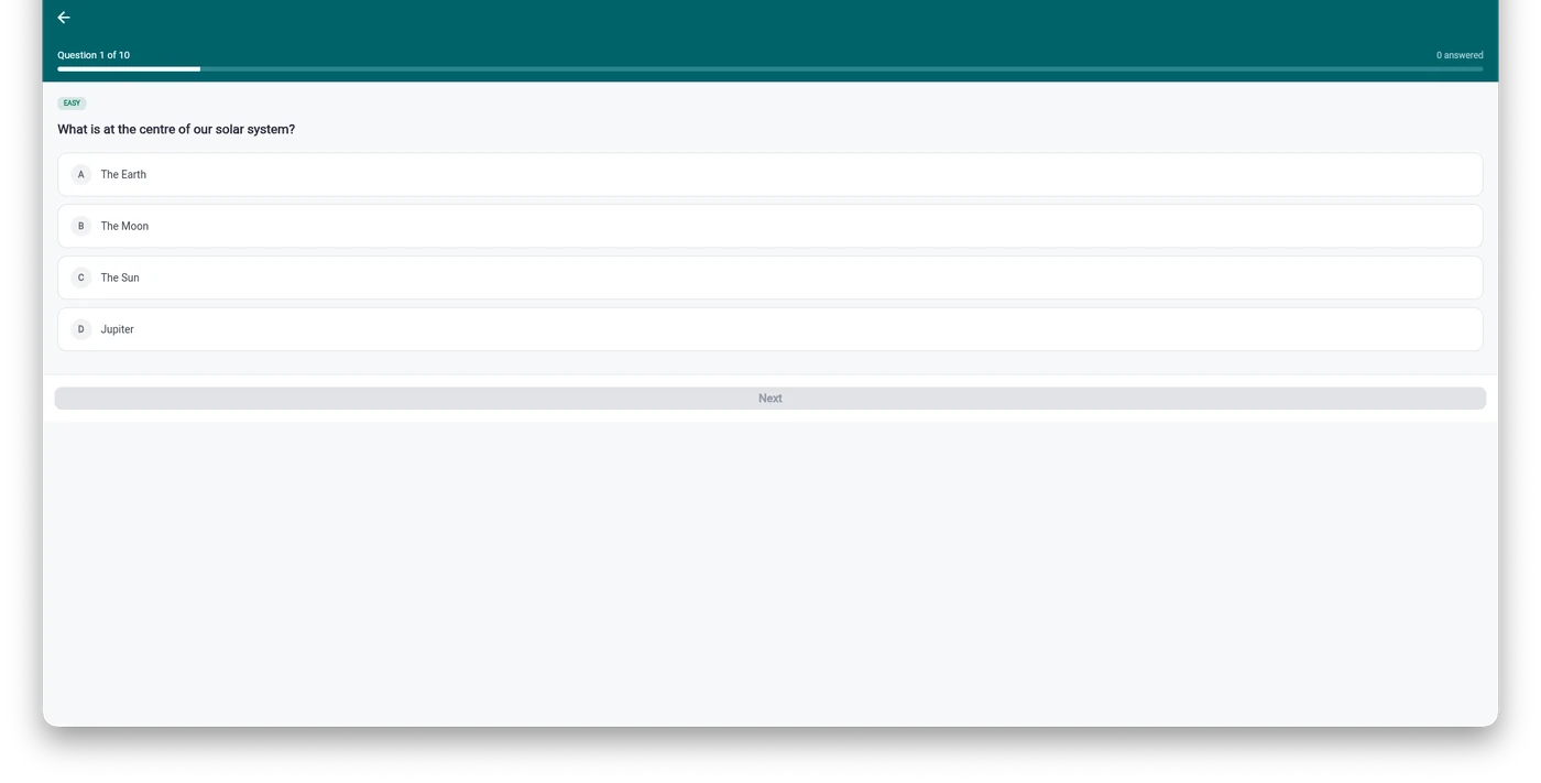 iBilSchool multiple-choice quiz question testing a child's lesson knowledge