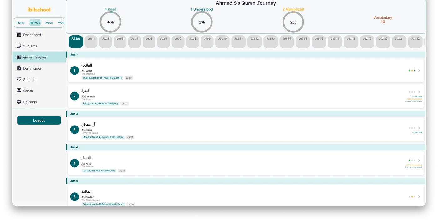 iBilSchool Quran memorization and progress tracker