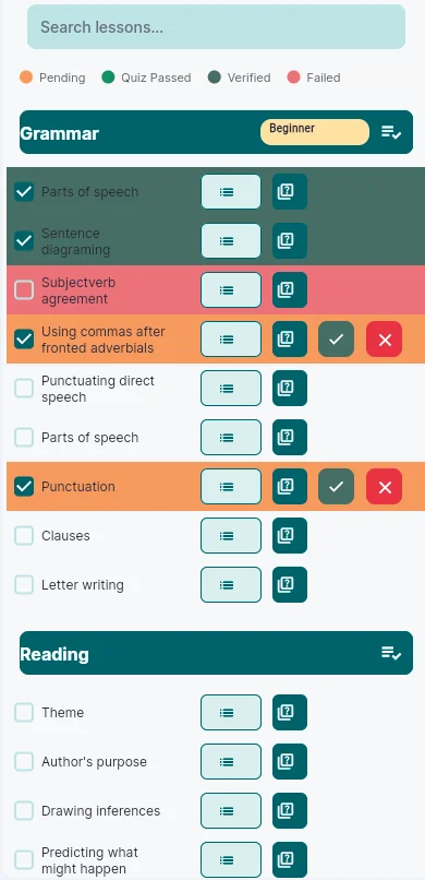 iBilSchool lesson checklist showing structured daily homeschool tasks