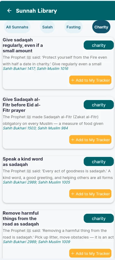 Sunnah Library showing charity-related Sunnahs to add to tracker