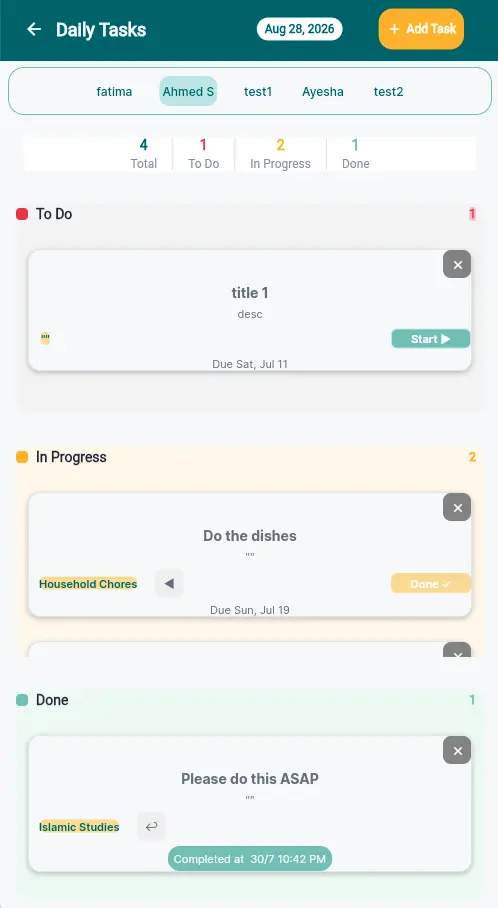 iBilSchool daily tasks view showing a child's structured homeschool schedule