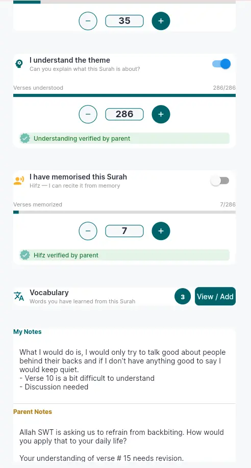 iBilSchool Surah Al-Baqarah detail view showing verse-by-verse Quran tracking